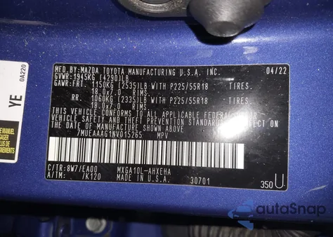 2022 Toyota Corolla Cross Xle z USA, uszkodzony, nr VIN 7MUEAAAG1NV015265